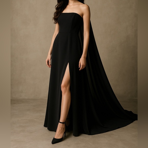 Halston Dresses & Skirts - Halston Black Strapless Evening Gown with Cape‎